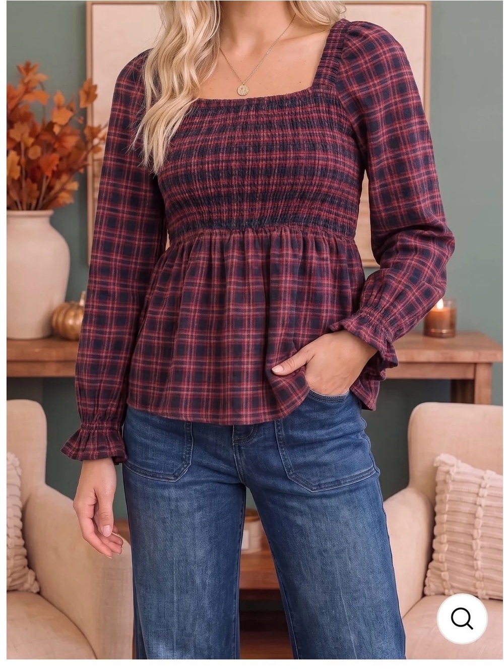 Smocked Square Neck Plaid Top - Burgundy blue   Large. NWT.